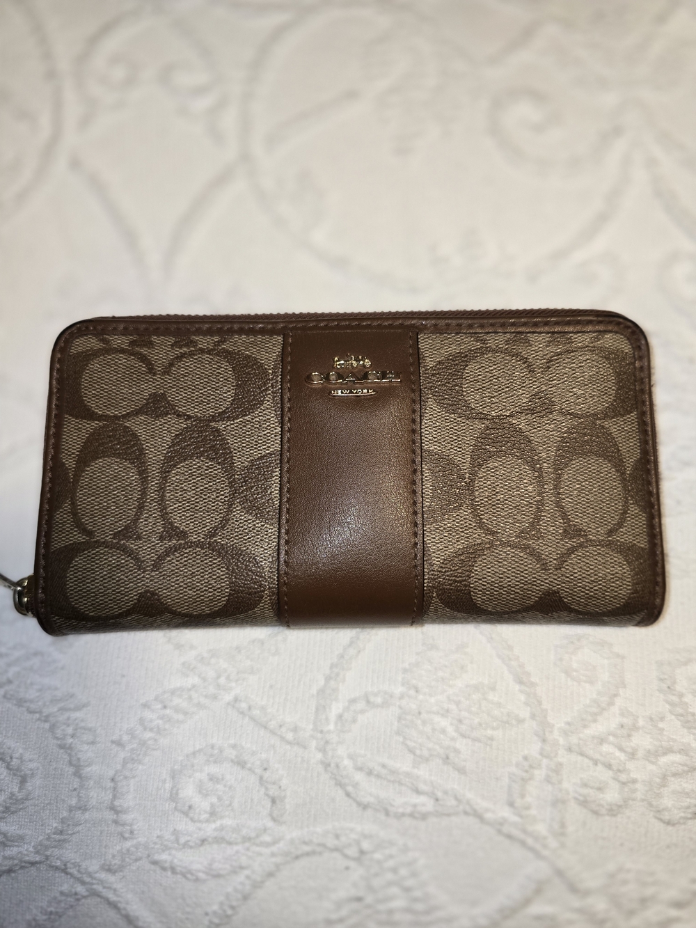 Coach Brown Signature Canvas Zip Wallet with Leather Stripe